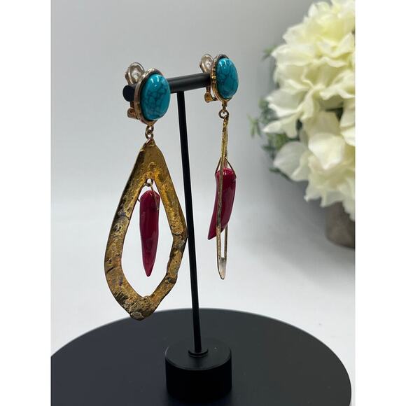 Sylvia Toledano Coral and Turquoise Corail Drop Bold 22k GP Drop Clip Earrings - Picture 2 of 11